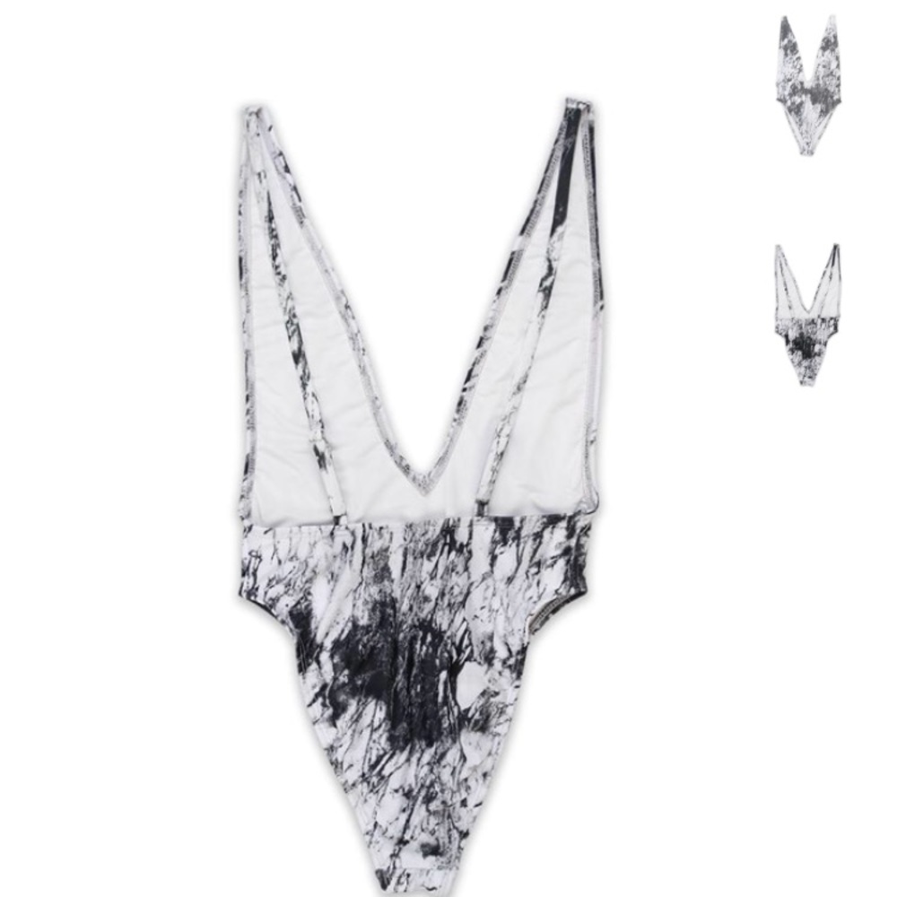 Black & White Marble Low V-Neck One Piece - Picture 4 of 5